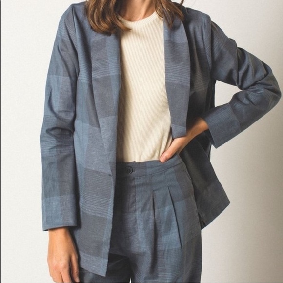 LACAUSA Rooney Blazer jacket hemp plaid artsy lagenlook powder blue indie clean - Picture 2 of 15